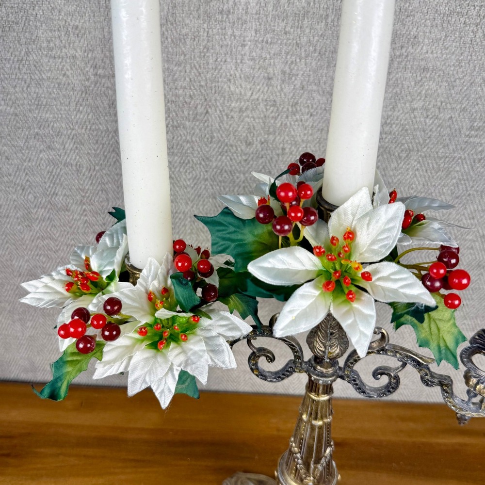 Set of 2 Vintage Faux White Poinsettia Christmas Candle Rings Red Berries Holly